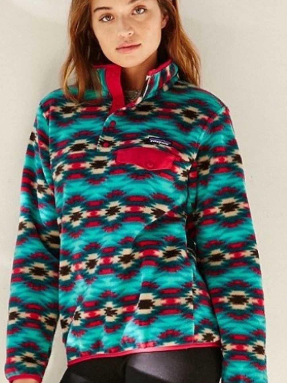 Patagonia Turquoise and Red Patterned Fleece Pullover